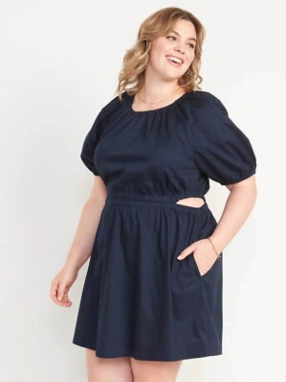 Old Navy Waist-Defined Puff-Sleeve Cotton-Poplin Cutout Dress Navy Medium